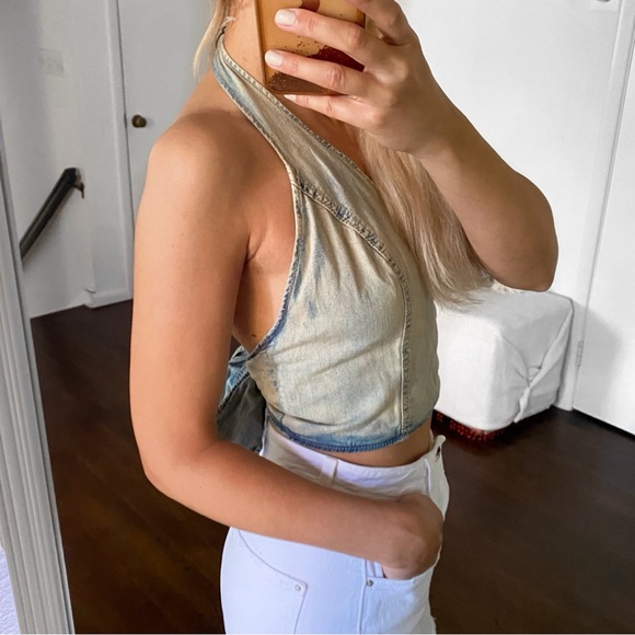 π ZARA DENIM ACID WASH HALTER STYLE BACK TIE CROP TOP! - Picture 3 of 15